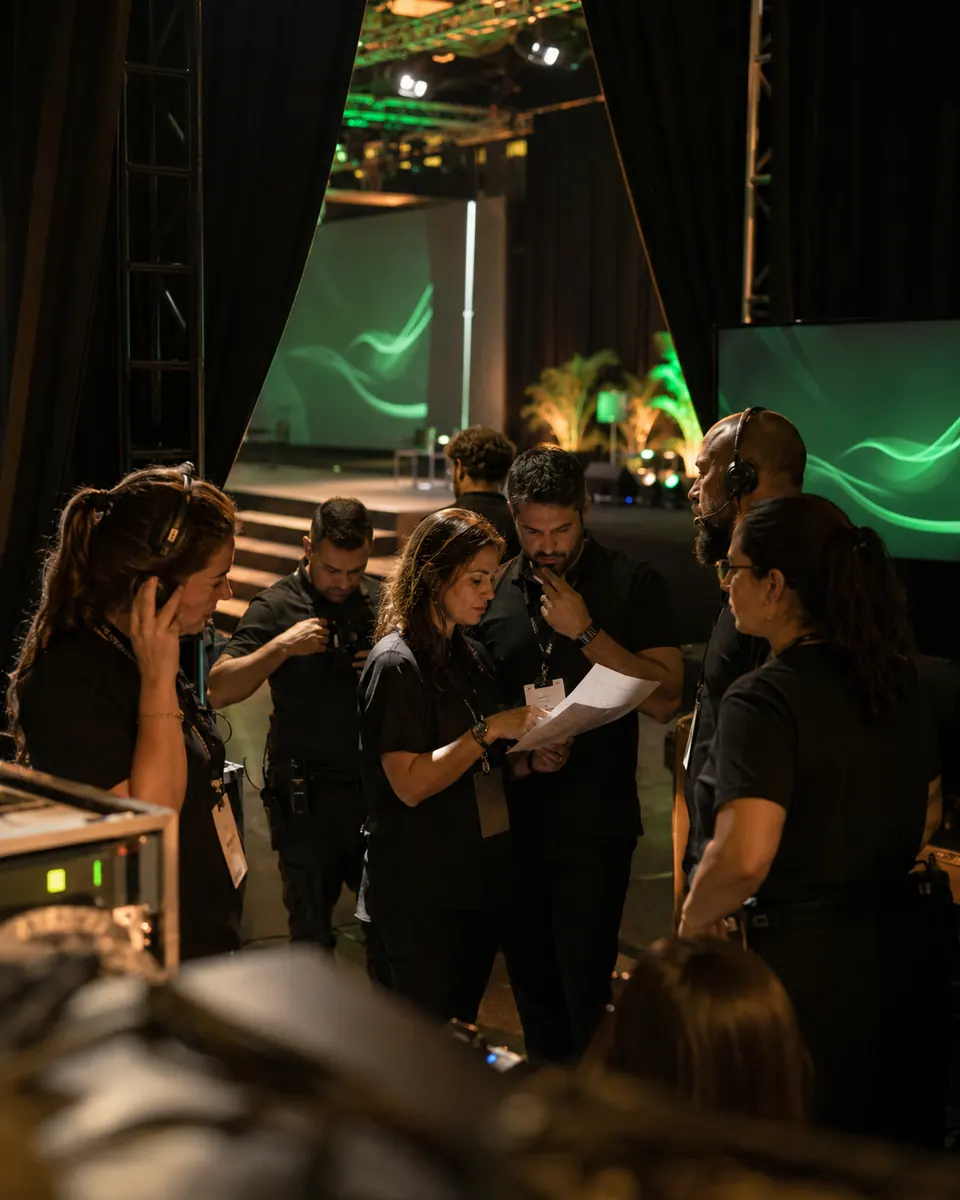 Equipe de produção reunida nos bastidores do palco